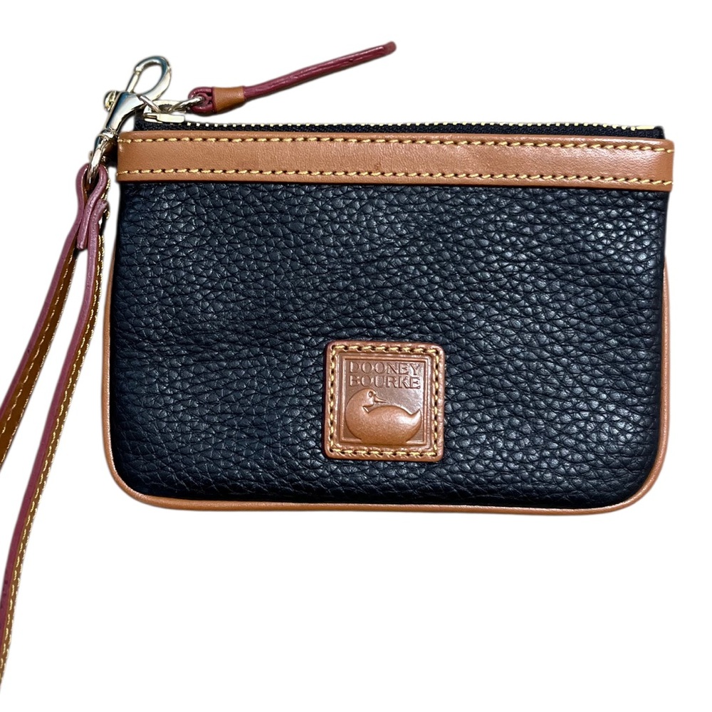 Dooney & Bourke Black and Tan Pebbled Leather Wristlet - Picture 1 of 4